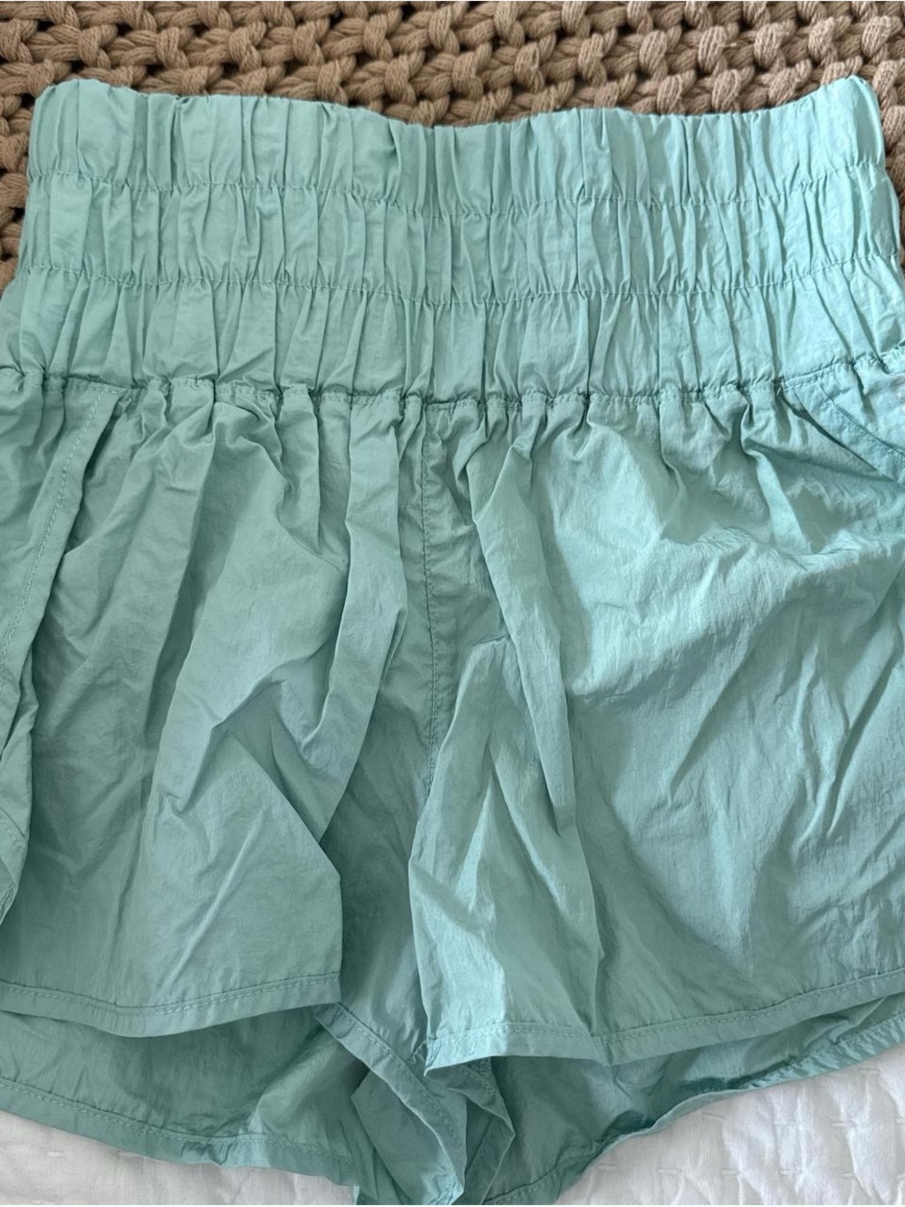 FP Movement by Free People Light Aqua High-Waist Smocked Shorts